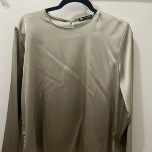 Zara Satin Long-Sleeve Blouse in Sage